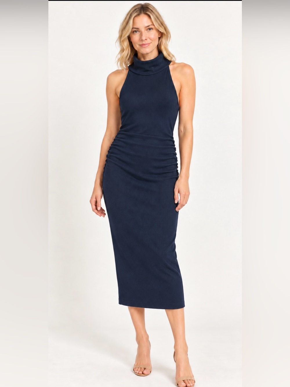 Michael Stars Navy High-Neck Ruched Midi Dress
